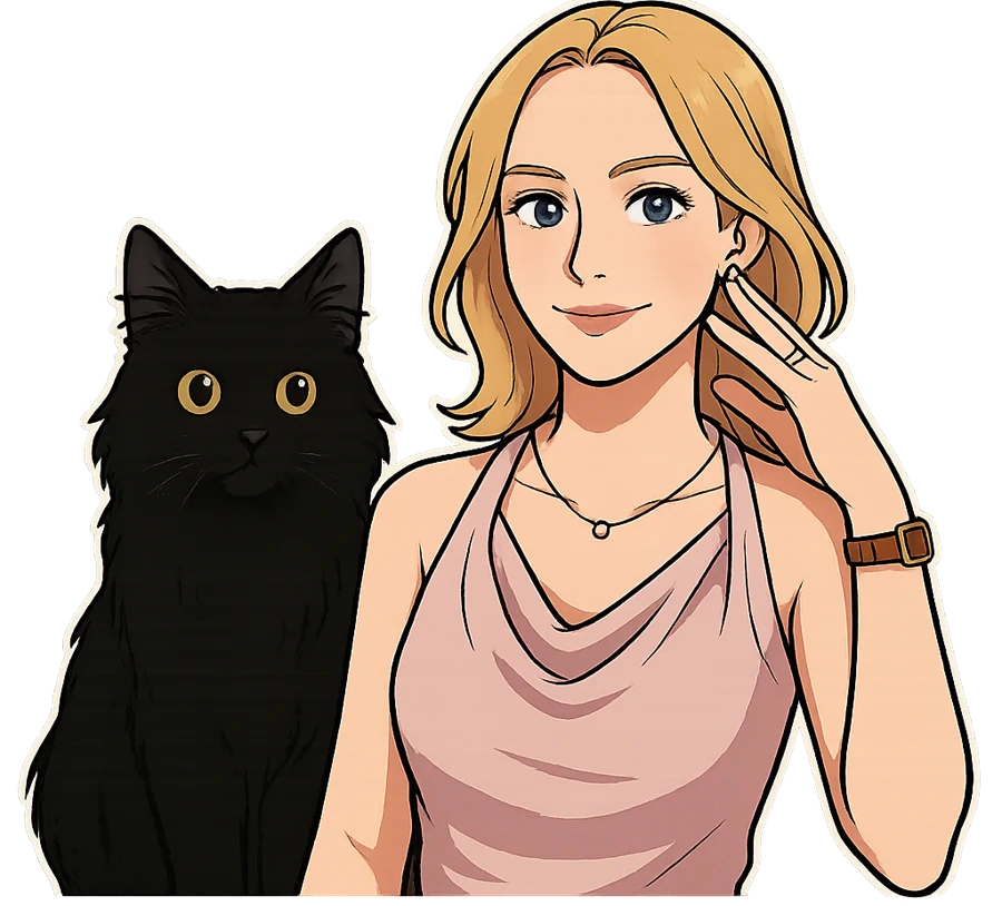 Illustration of host Eva Galant with her black cat Moon